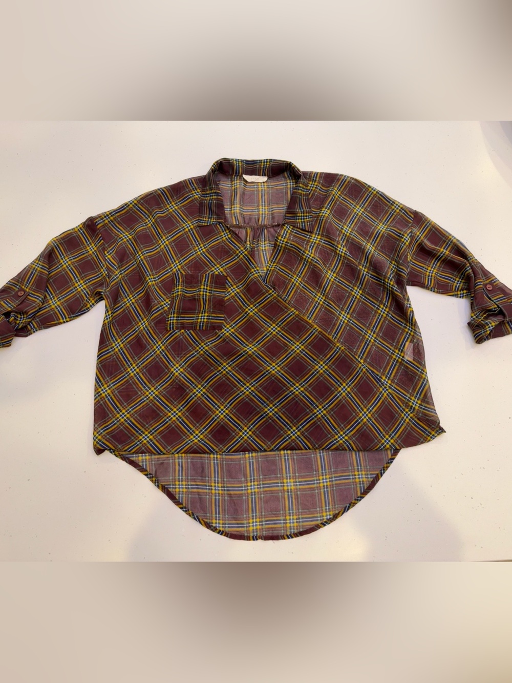 Lush Plaid Sheer Popover Tunic Top Womens Medium Burgundy Hi Low Long Sleeve